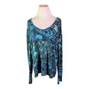 Chico's Travelers Size 3 (XL) Thin Slinky Knit Long Sleeve Top Abstract Teal